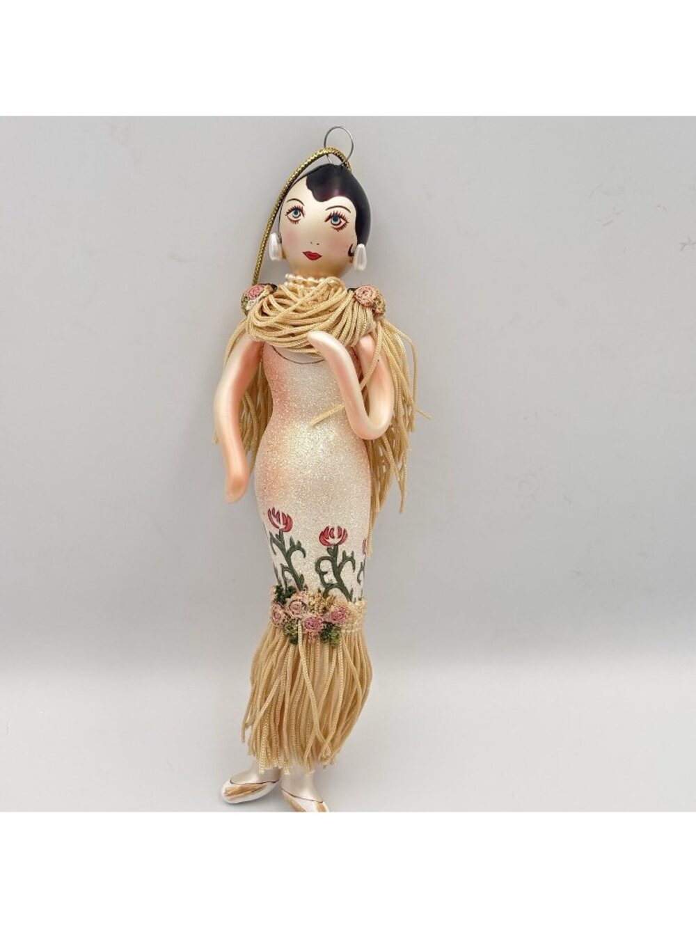 Ladies With Elegance Flapper Woman Blown Glass Ornament Floral Fringe Dress 8 in